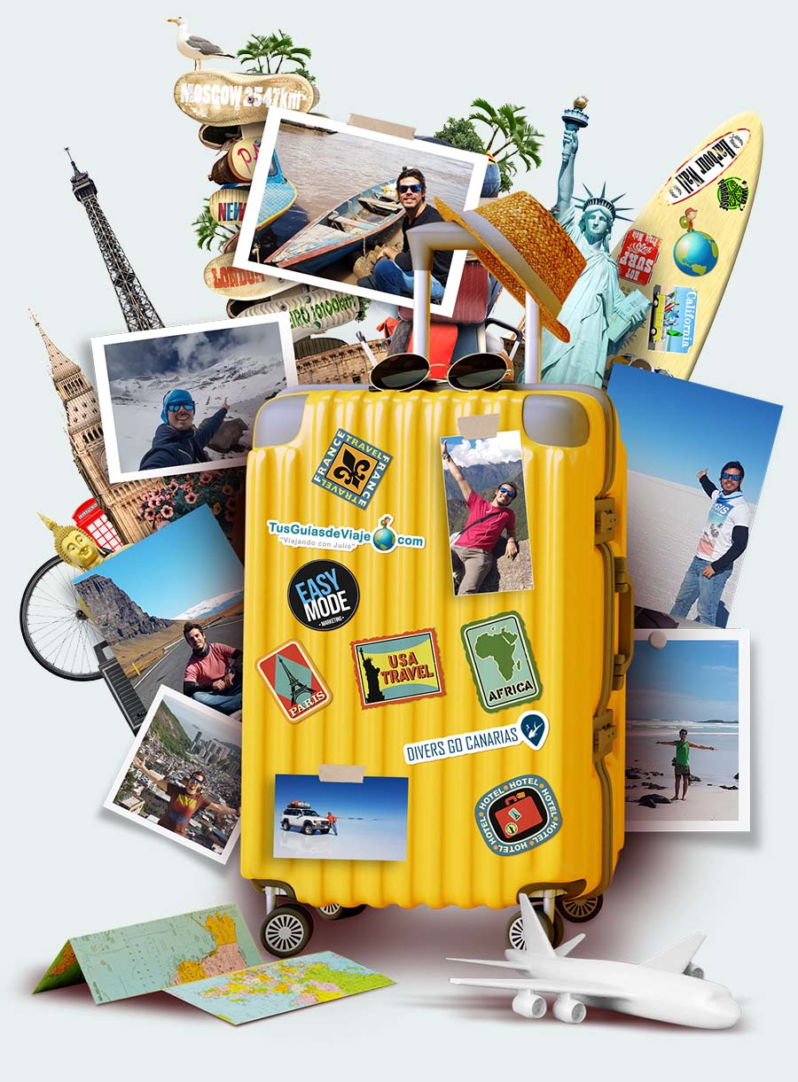 Collage de la maleta de Julio: fotos de sus viajes por el mundo